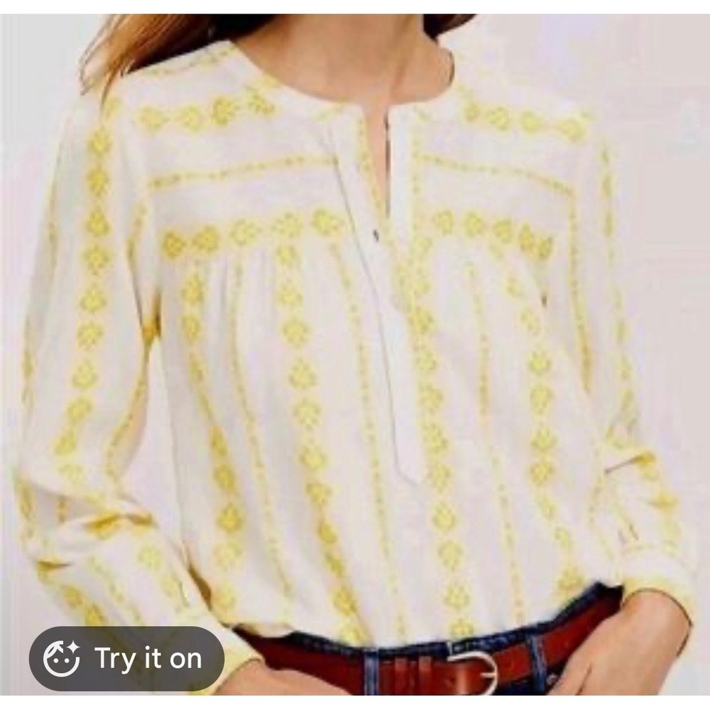 LOFT Henley Blouse Large White Yellow Floral Stripe Embroidered Long Sleeve